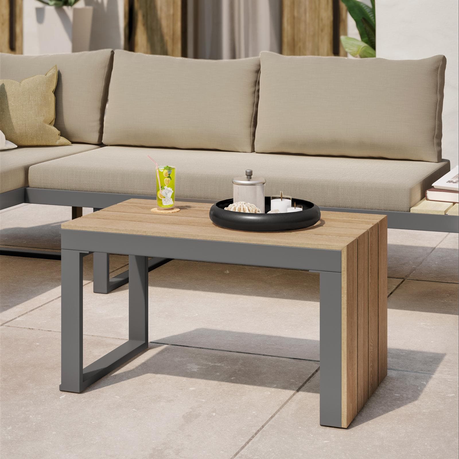 Set relax modulare in alluminio antracite e dettagli effetto legno con cuscini tortora - Scilla
