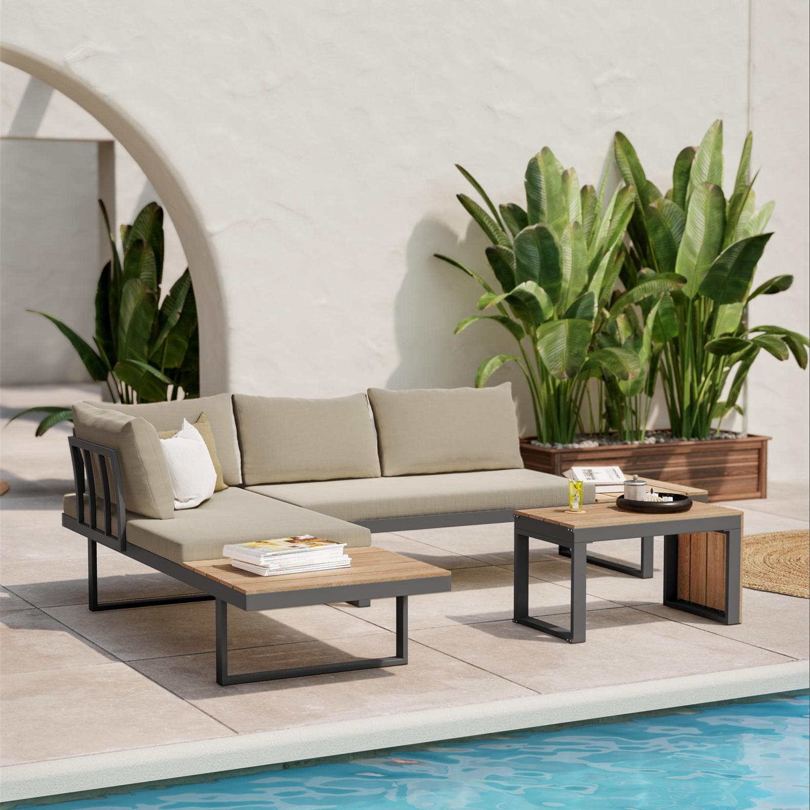 Set relax modulare in alluminio antracite e dettagli effetto legno con cuscini tortora - Scilla