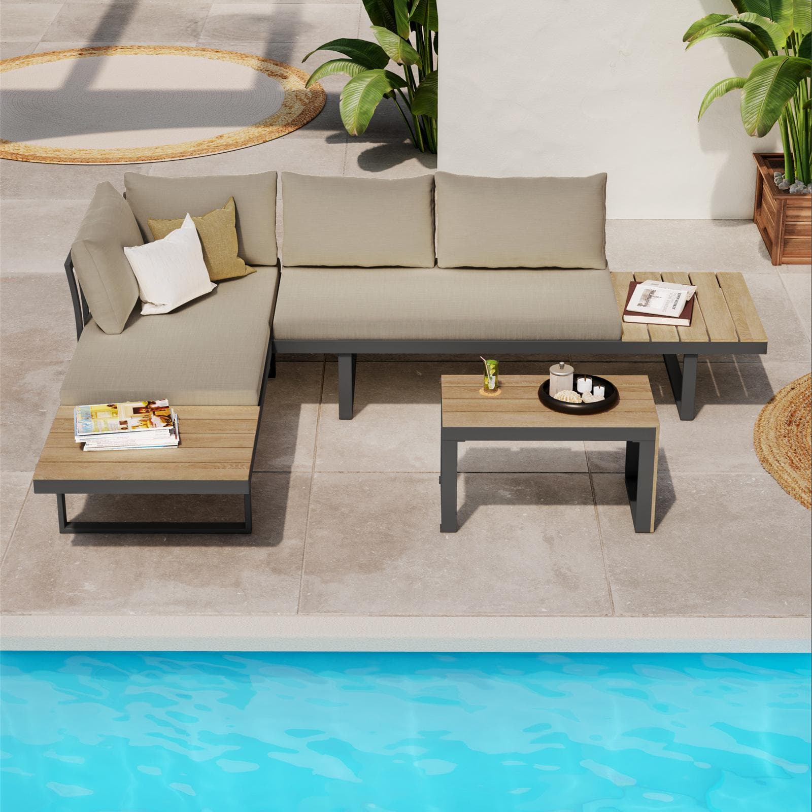 Set relax modulare in alluminio antracite e dettagli effetto legno con cuscini tortora - Scilla