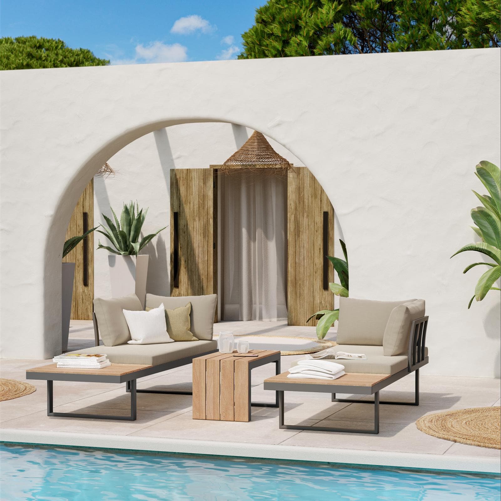 Set relax modulare in alluminio antracite e dettagli effetto legno con cuscini tortora - Scilla