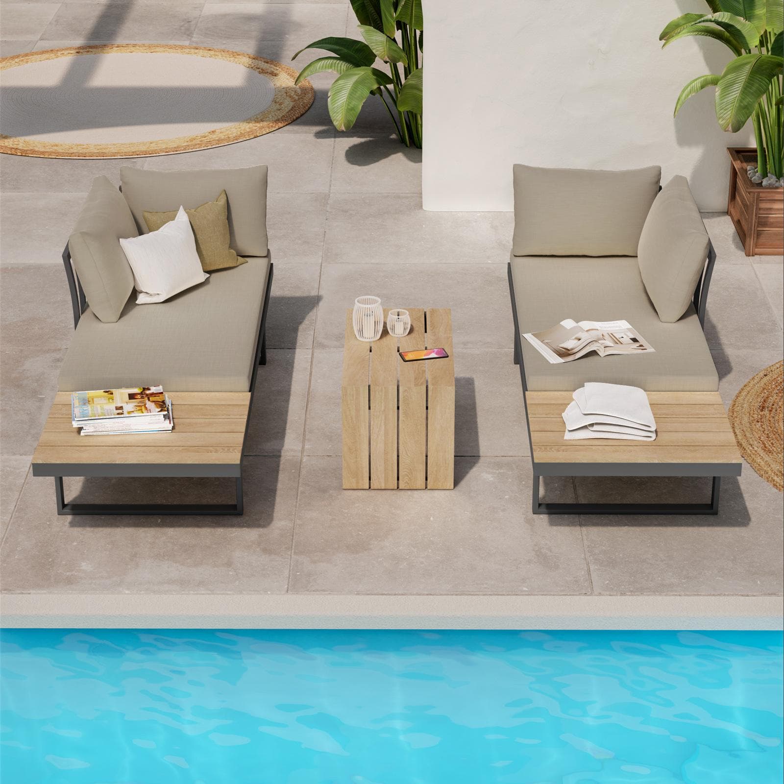 Set relax modulare in alluminio antracite e dettagli effetto legno con cuscini tortora - Scilla
