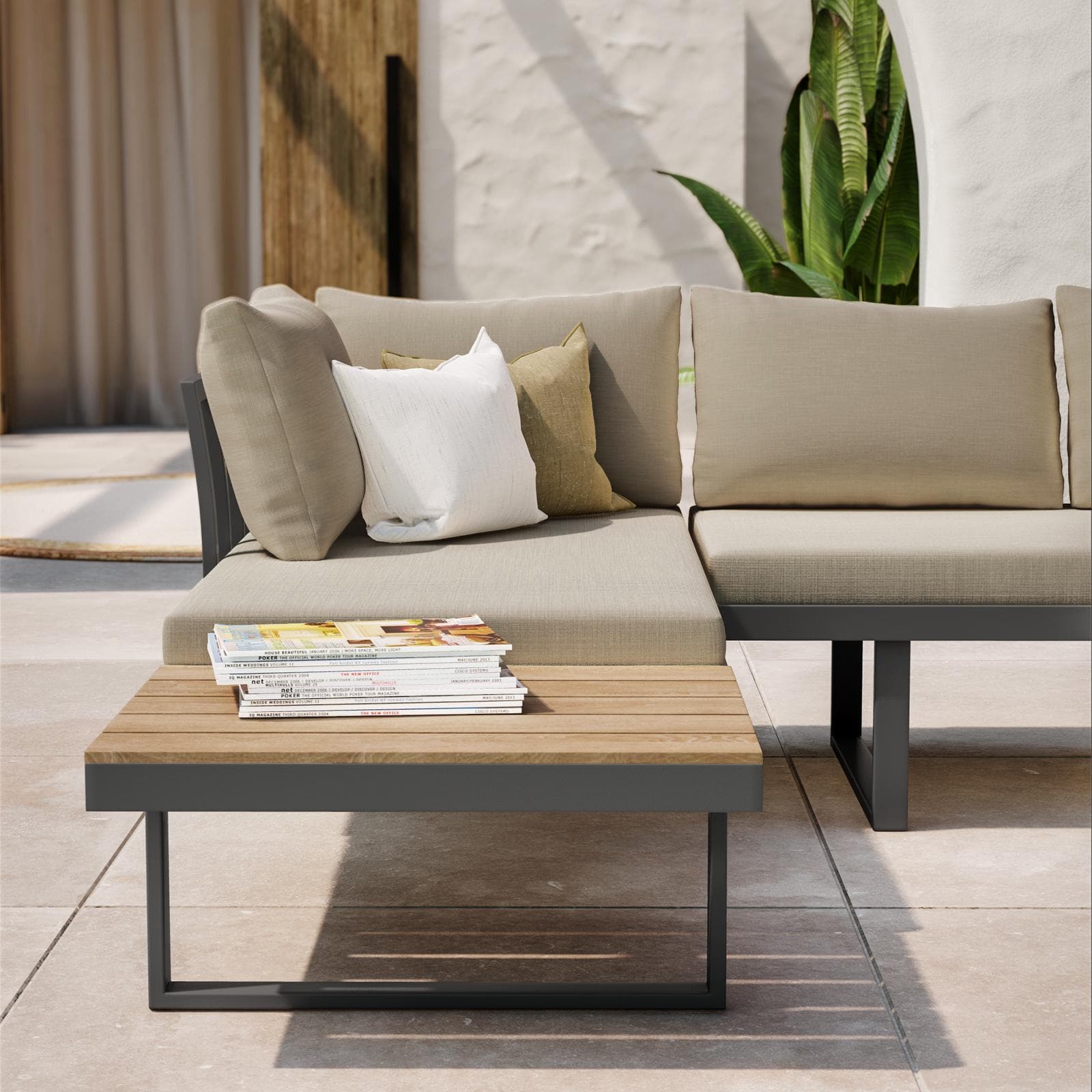 Set relax modulare in alluminio antracite e dettagli effetto legno con cuscini tortora - Scilla