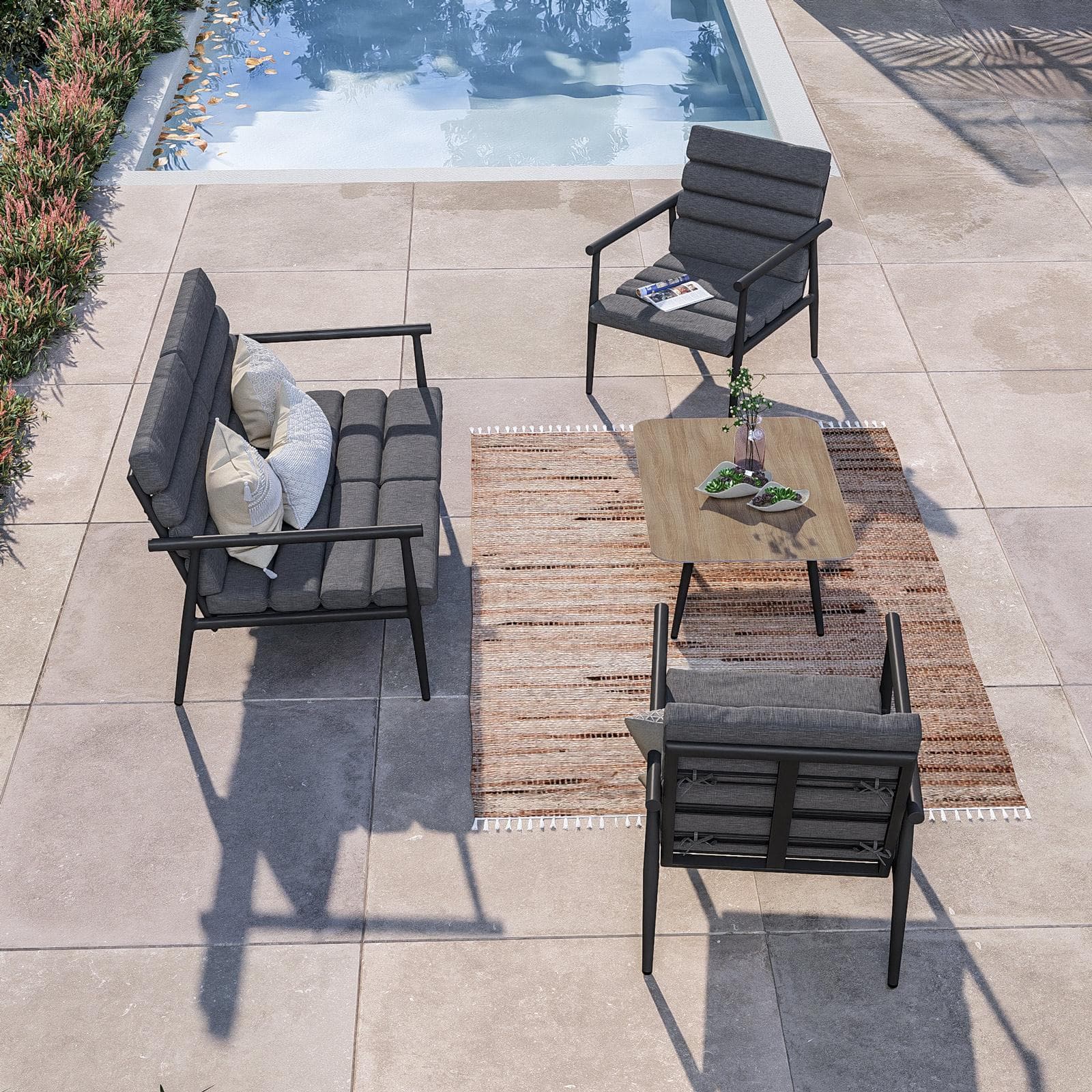 Set relax divano due poltrone e tavolino in alluminio grigio opaco con cuscini - Elyzor