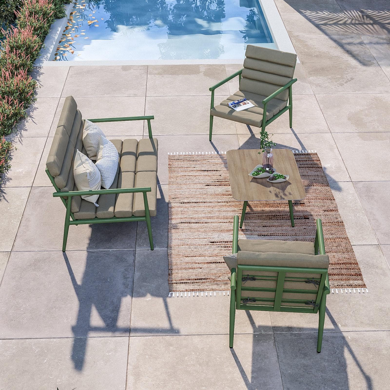 Set relax divano due poltrone e tavolino in alluminio verde opaco con cuscini - Elyzor