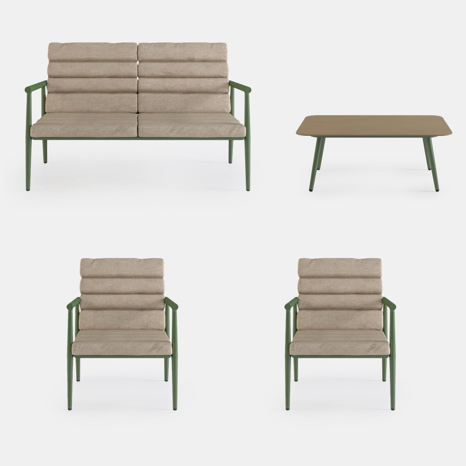 Set relax divano due poltrone e tavolino in alluminio verde opaco con cuscini - Elyzor