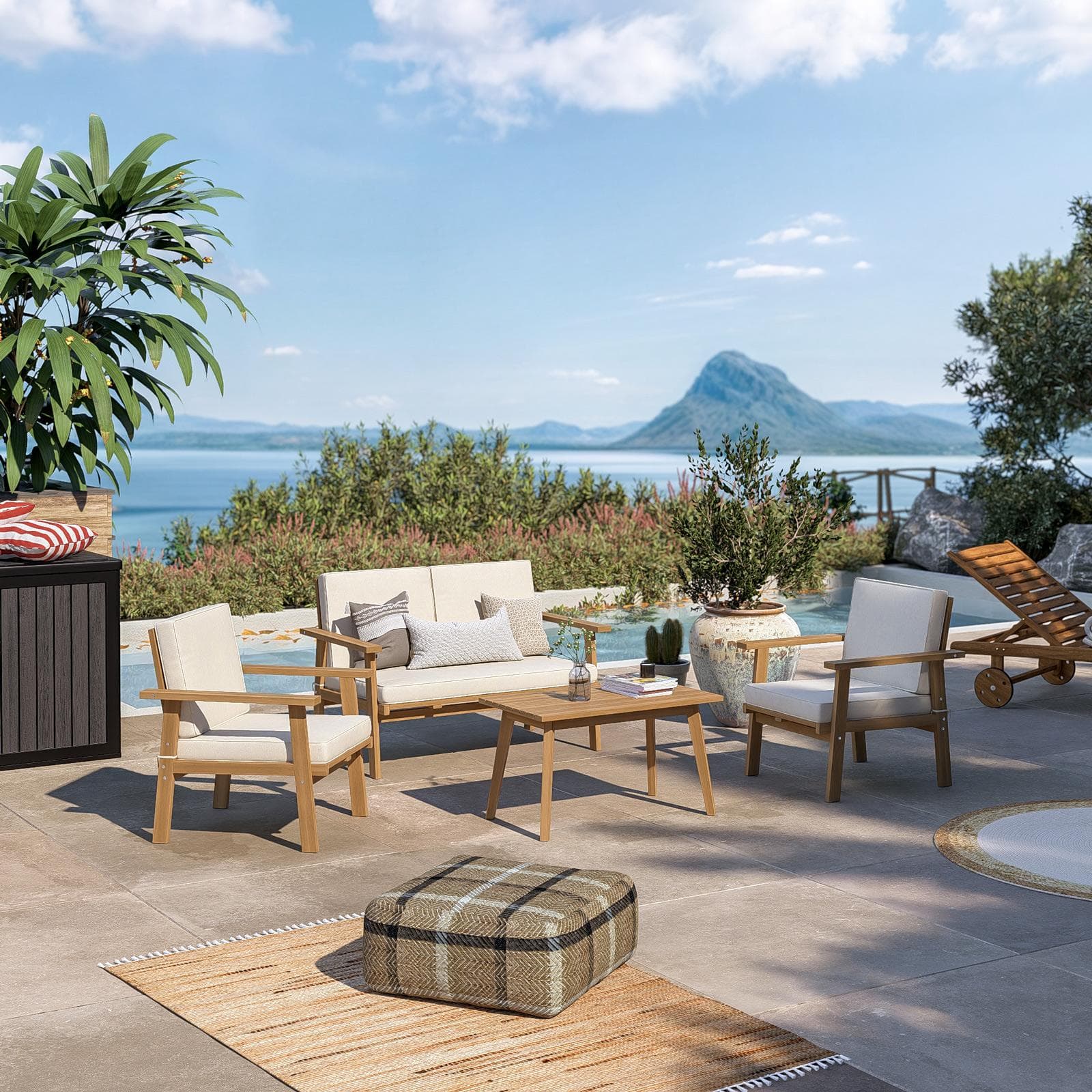 Set relax divano due poltrone e tavolino in legno di acacia e polyrattan con cuscini beige - Siron