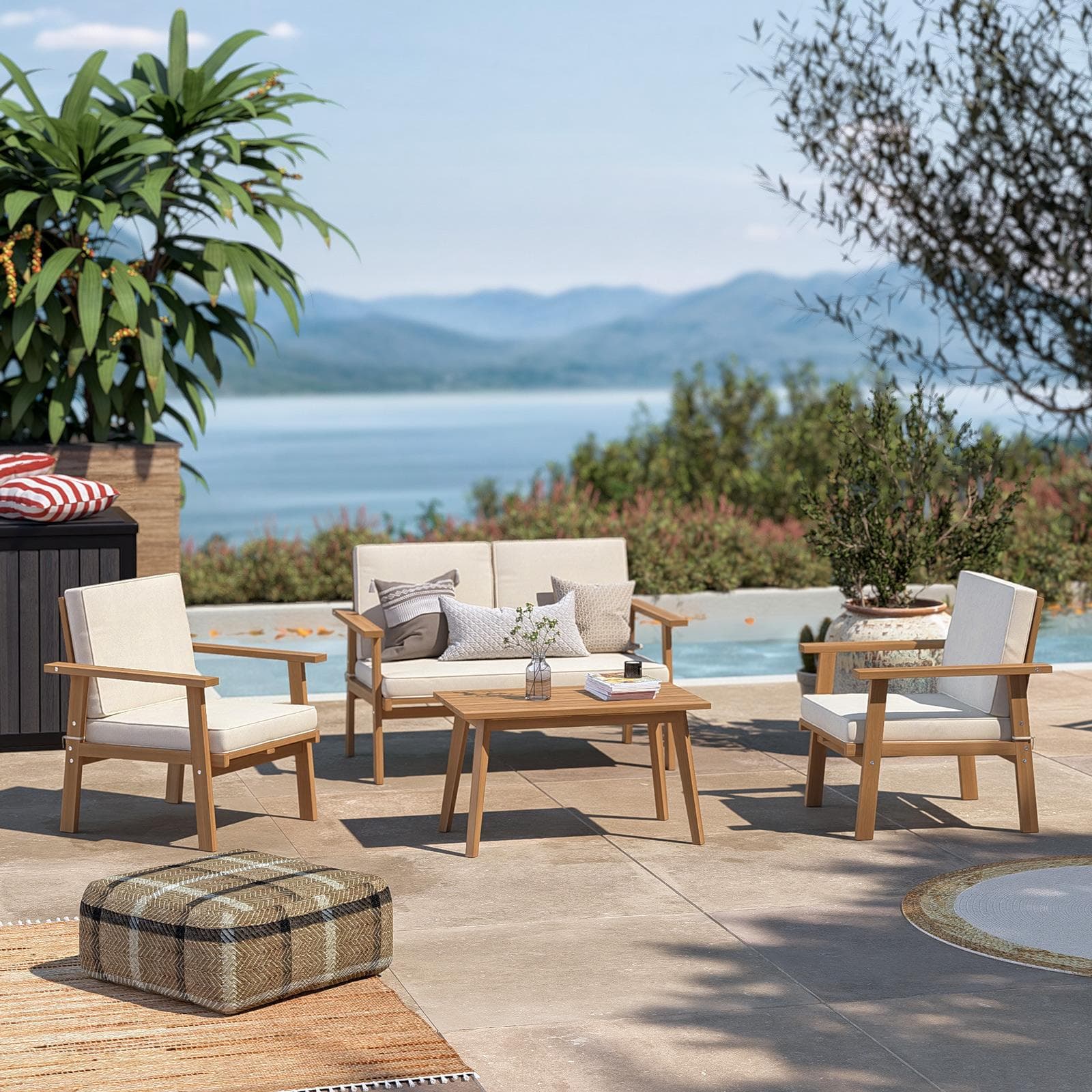 Set relax divano due poltrone e tavolino in legno di acacia e polyrattan con cuscini beige - Siron