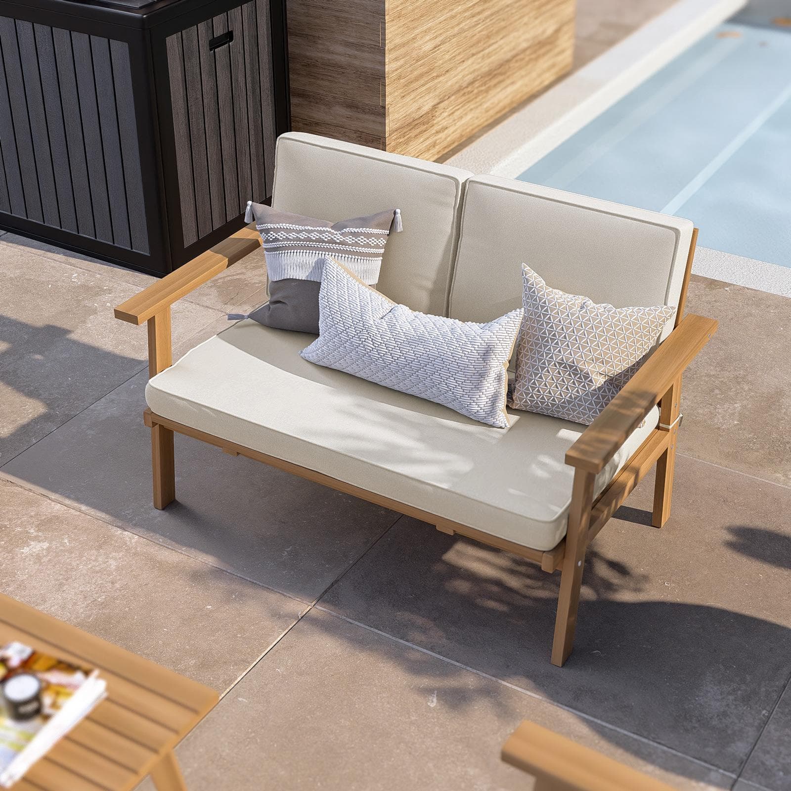 Set relax divano due poltrone e tavolino in legno di acacia e polyrattan con cuscini beige - Siron
