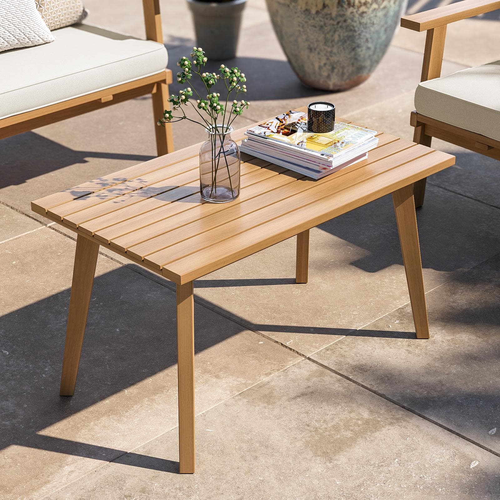 Set relax divano due poltrone e tavolino in legno di acacia e polyrattan con cuscini beige - Siron