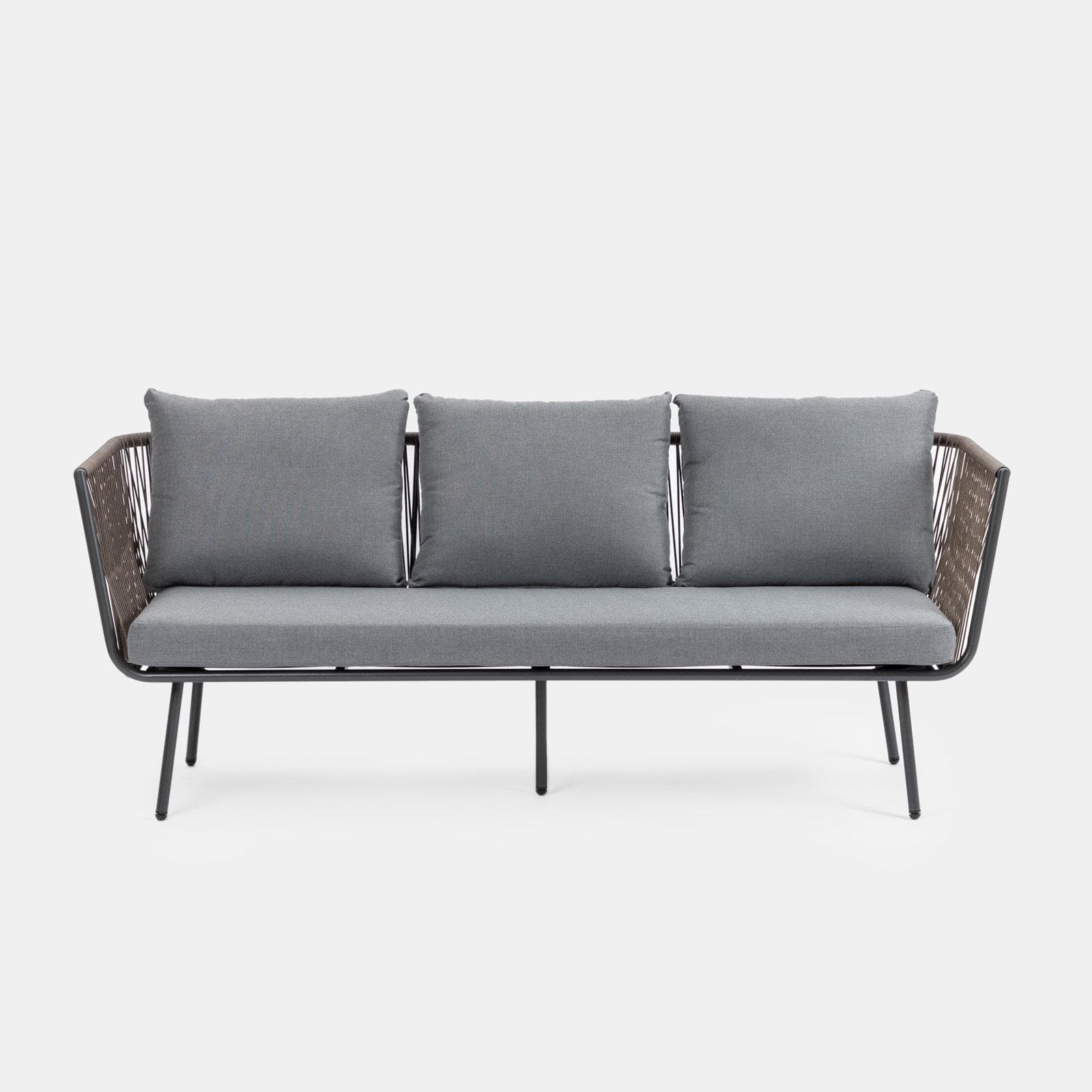 Set relax divano pouf e 2 tavolini in acciaio e polyrattan grigio - Klaus