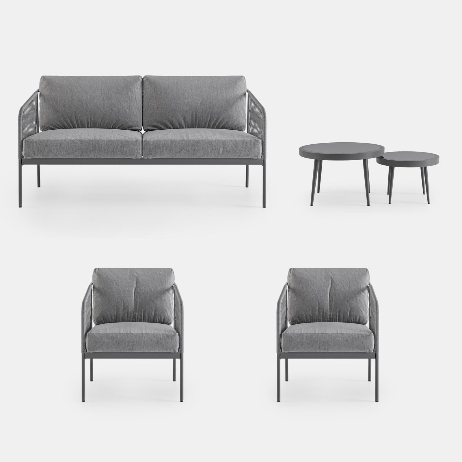 Set relax in alluminio antracite con cuscini grigi e due tavolini - Orosei