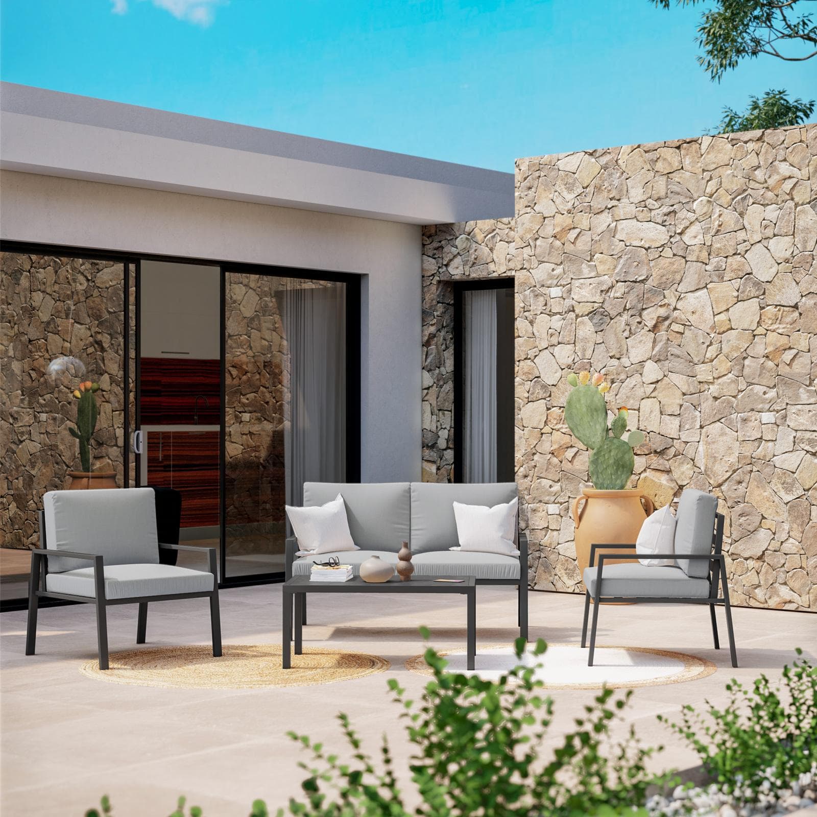 Set relax 4 posti in alluminio antracite con cuscini grigi - Carridi