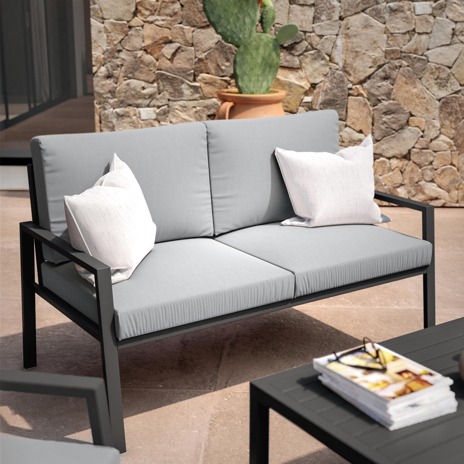Set relax 4 posti in alluminio antracite con cuscini grigi - Carridi