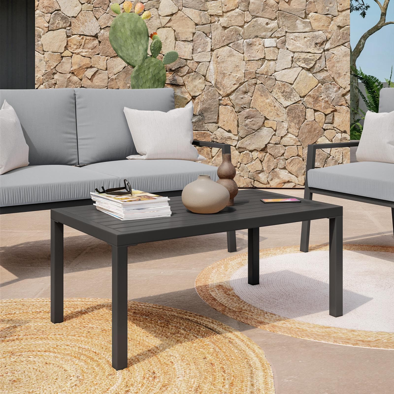 Set relax 4 posti in alluminio antracite con cuscini grigi - Carridi