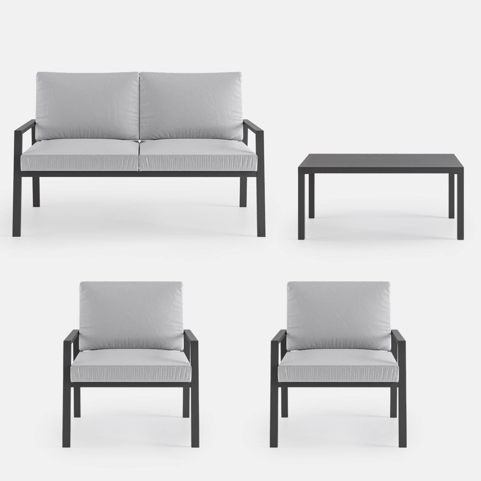 Set relax 4 posti in alluminio antracite con cuscini grigi - Carridi