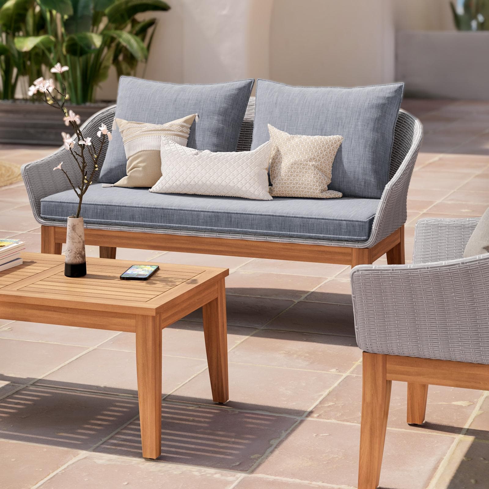 Set relax in polyrattan grigio e legno di acacia con cuscini - Guava