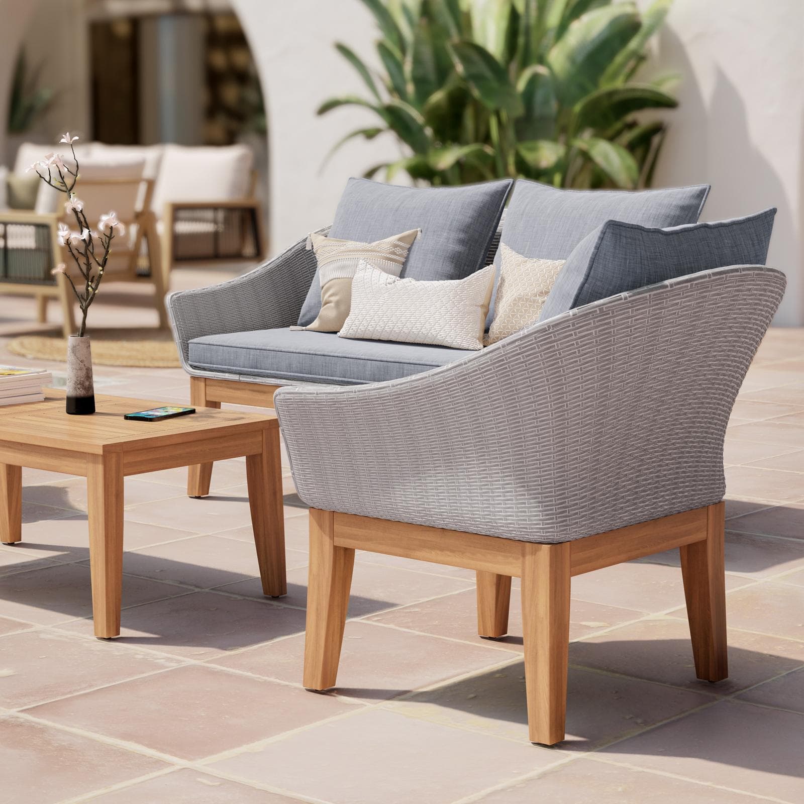 Set relax in polyrattan grigio e legno di acacia con cuscini - Guava