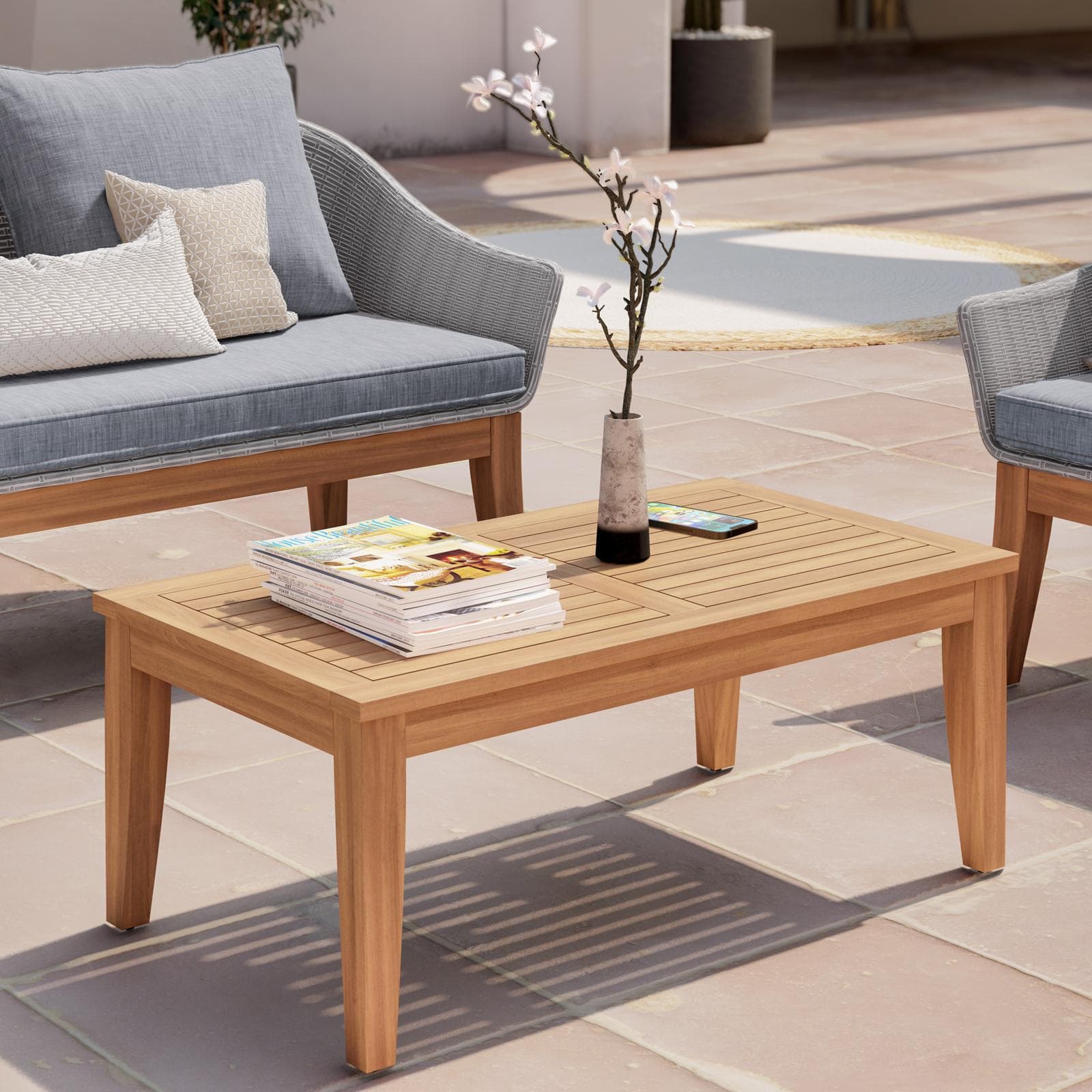 Set relax in polyrattan grigio e legno di acacia con cuscini - Guava