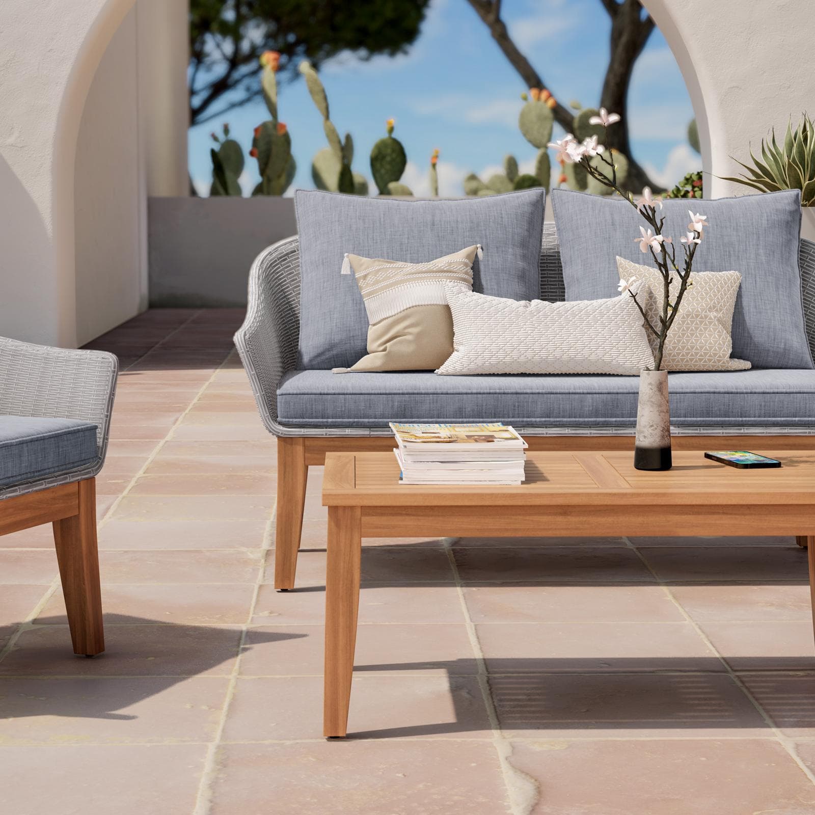 Set relax in polyrattan grigio e legno di acacia con cuscini - Guava