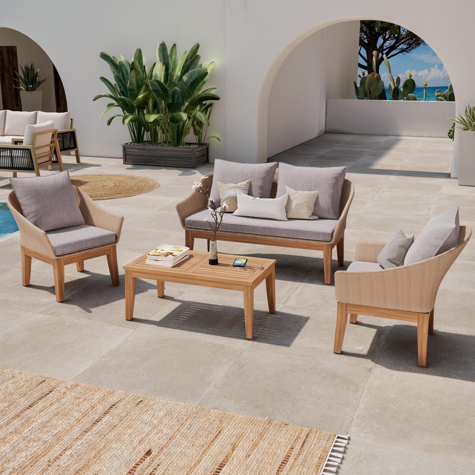 Set relax in polyrattan naturale e legno di acacia con cuscini - Guava