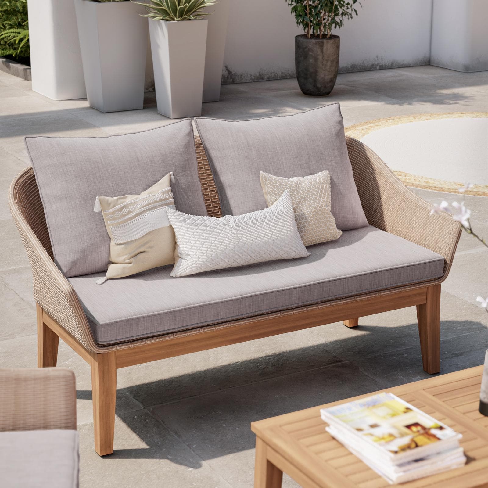 Set relax in polyrattan naturale e legno di acacia con cuscini - Guava
