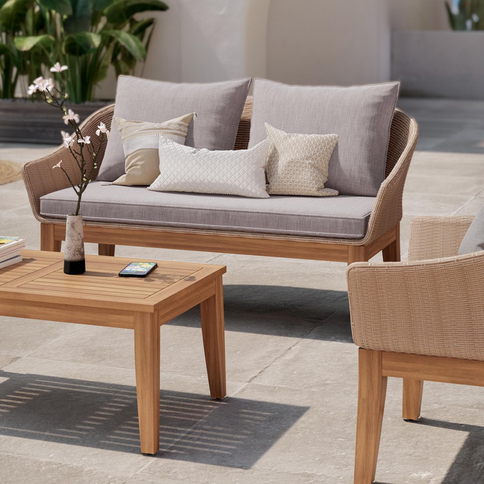 Set relax in polyrattan naturale e legno di acacia con cuscini - Guava