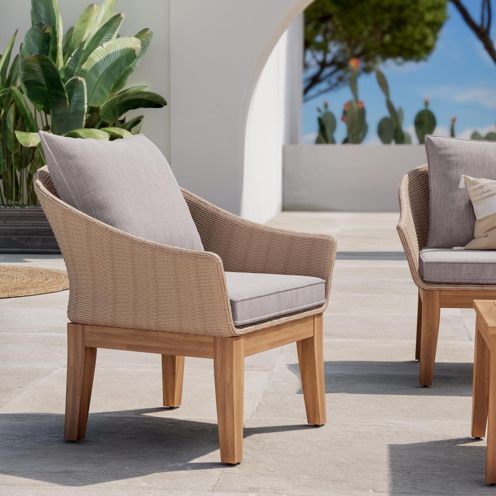 Set relax in polyrattan naturale e legno di acacia con cuscini - Guava