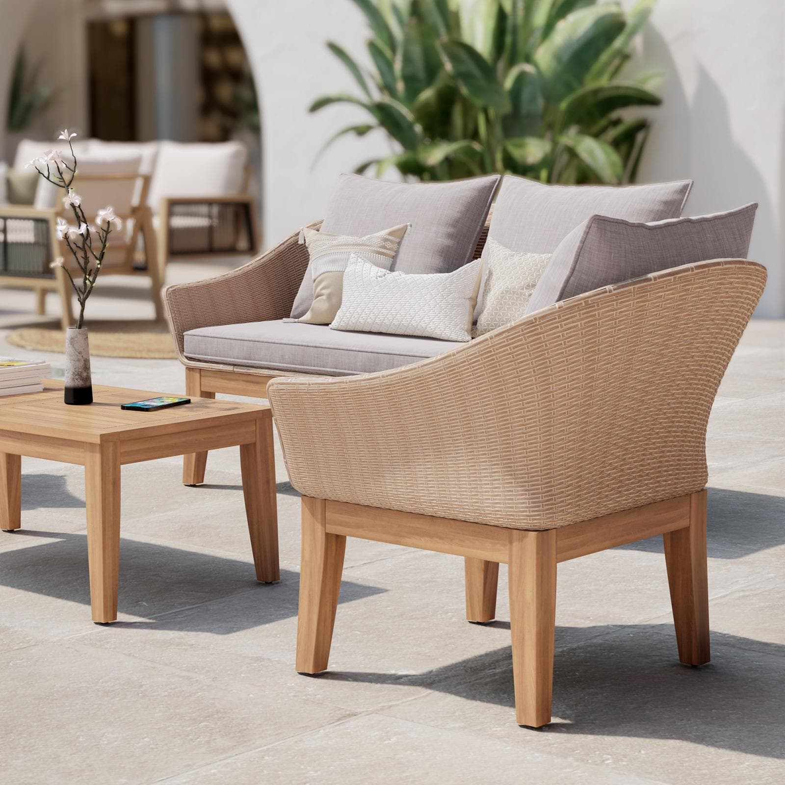 Set relax in polyrattan naturale e legno di acacia con cuscini - Guava