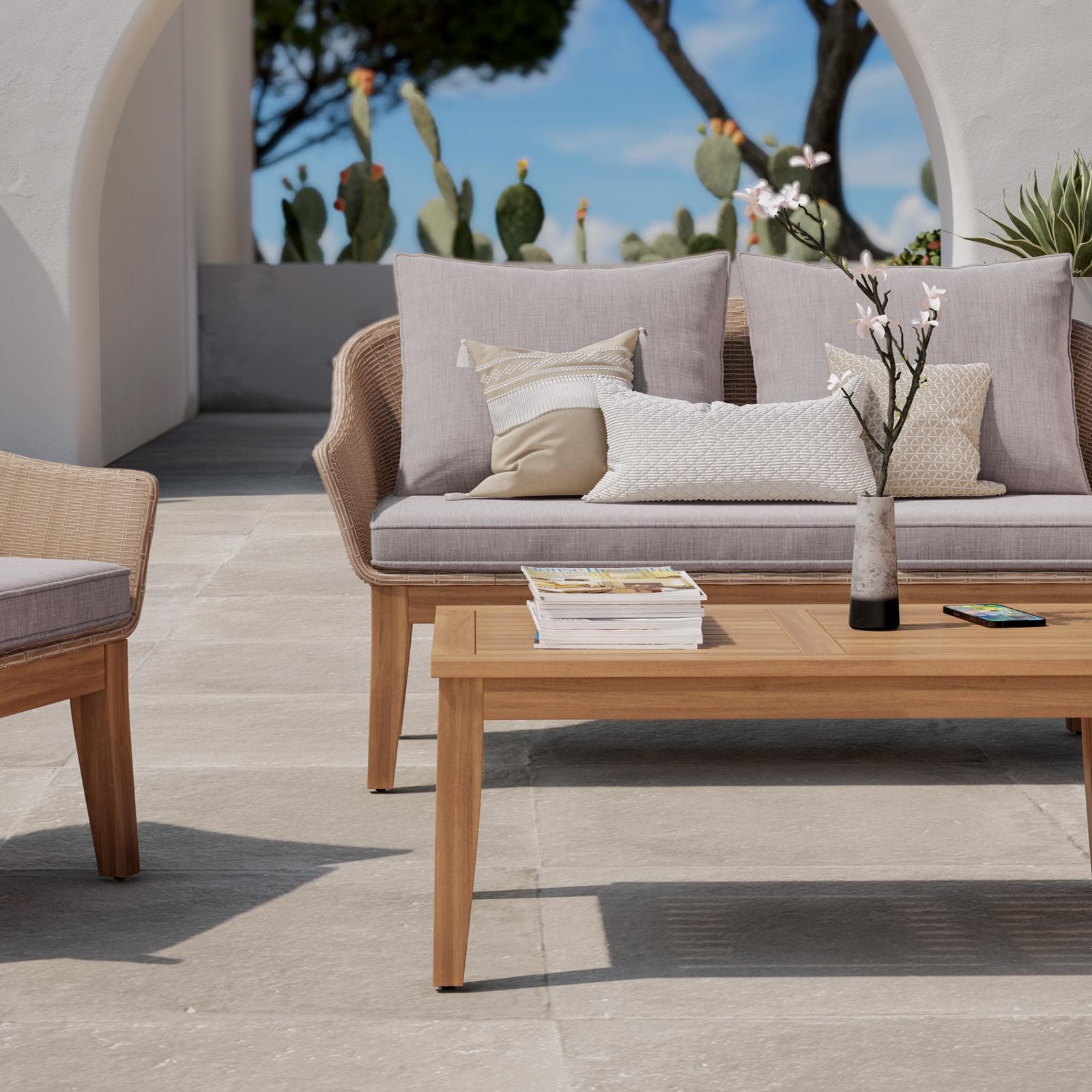 Set relax in polyrattan naturale e legno di acacia con cuscini - Guava