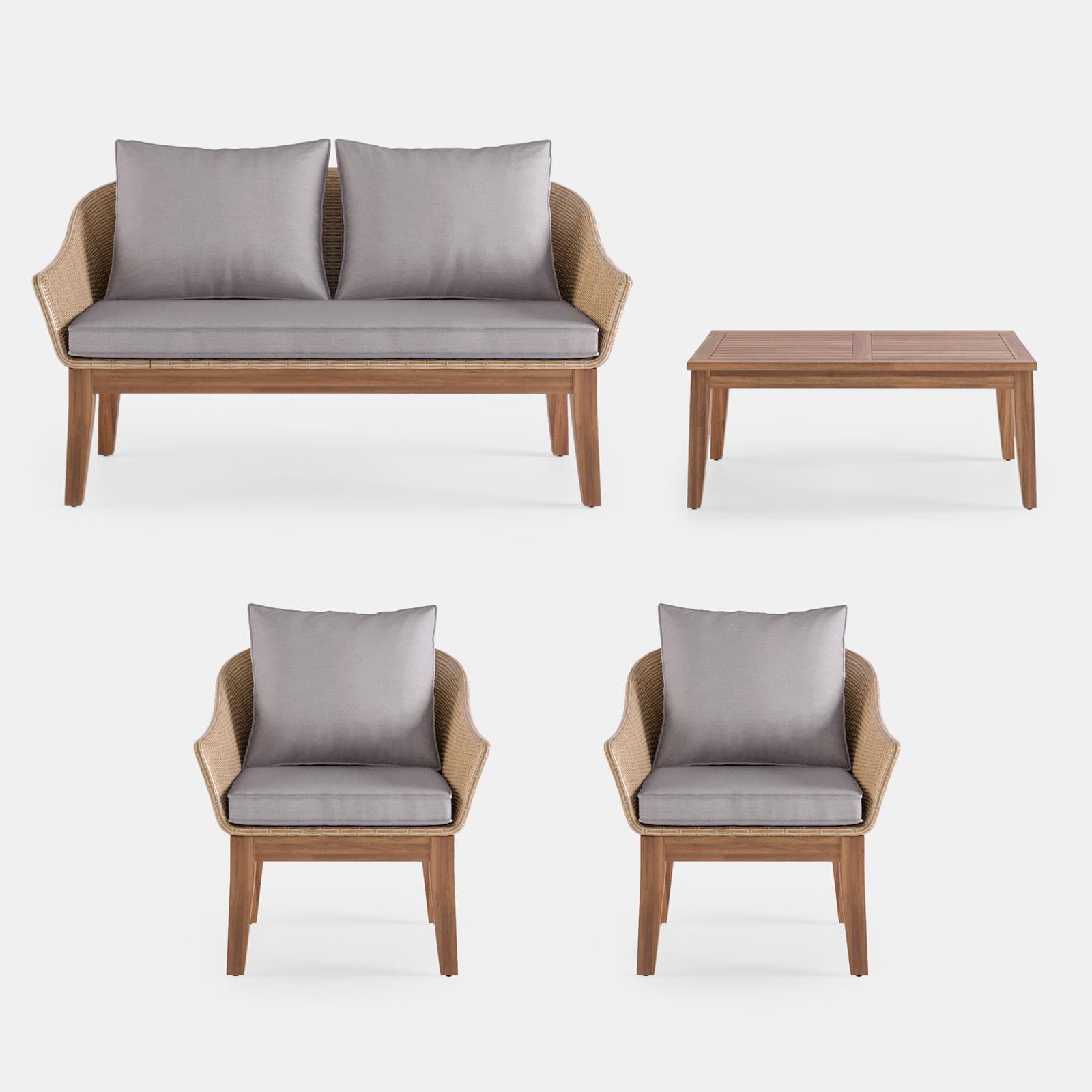 Set relax in polyrattan naturale e legno di acacia con cuscini - Guava