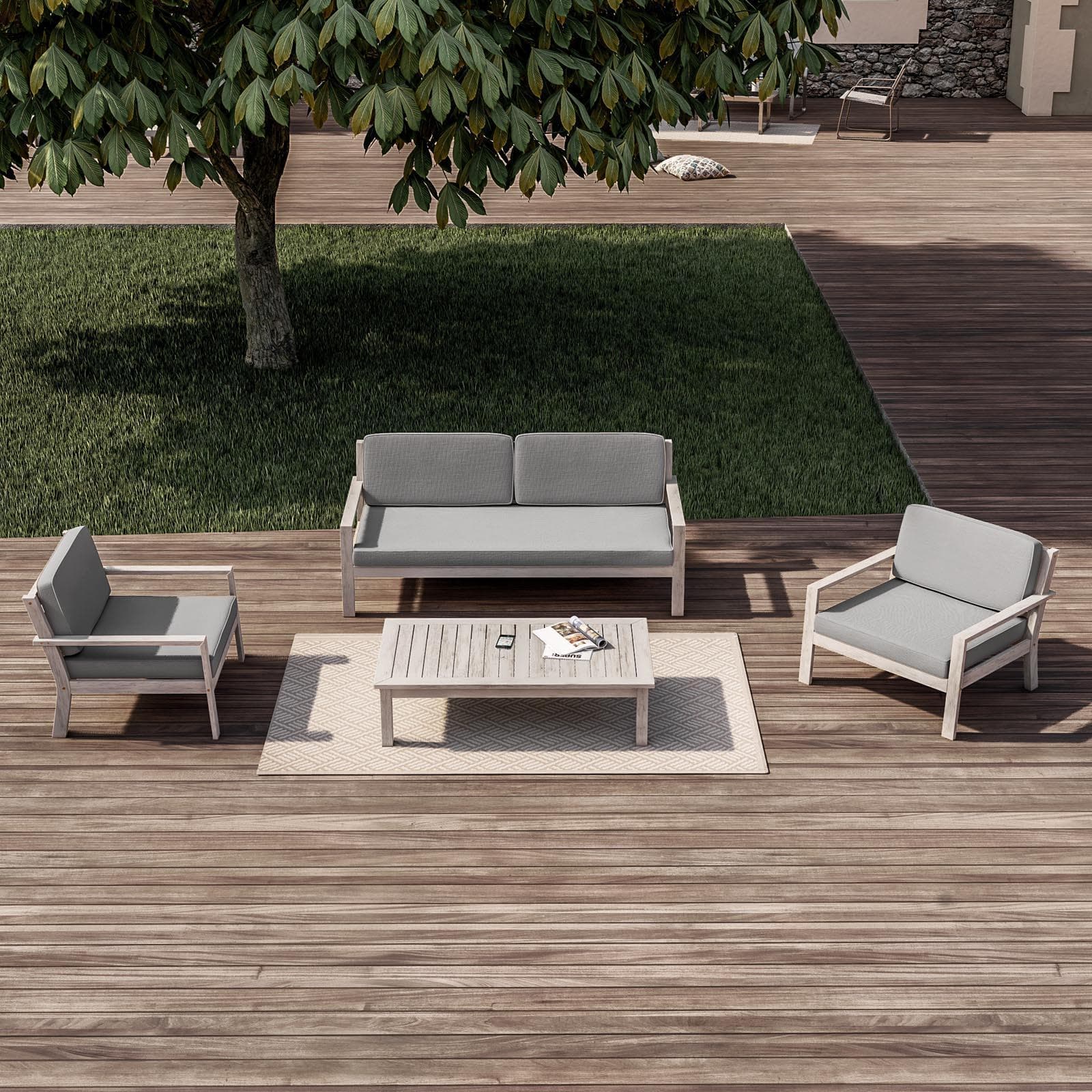 Set relax divano 2 poltrone e tavolino in legno acacia bianco con cuscini grigi - Isabel