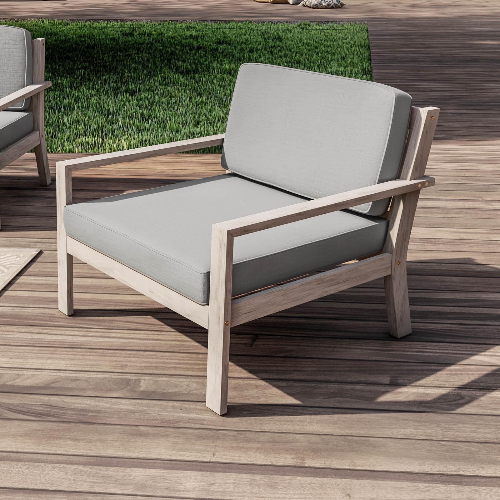 Set relax divano 2 poltrone e tavolino in legno acacia bianco con cuscini grigi - Isabel