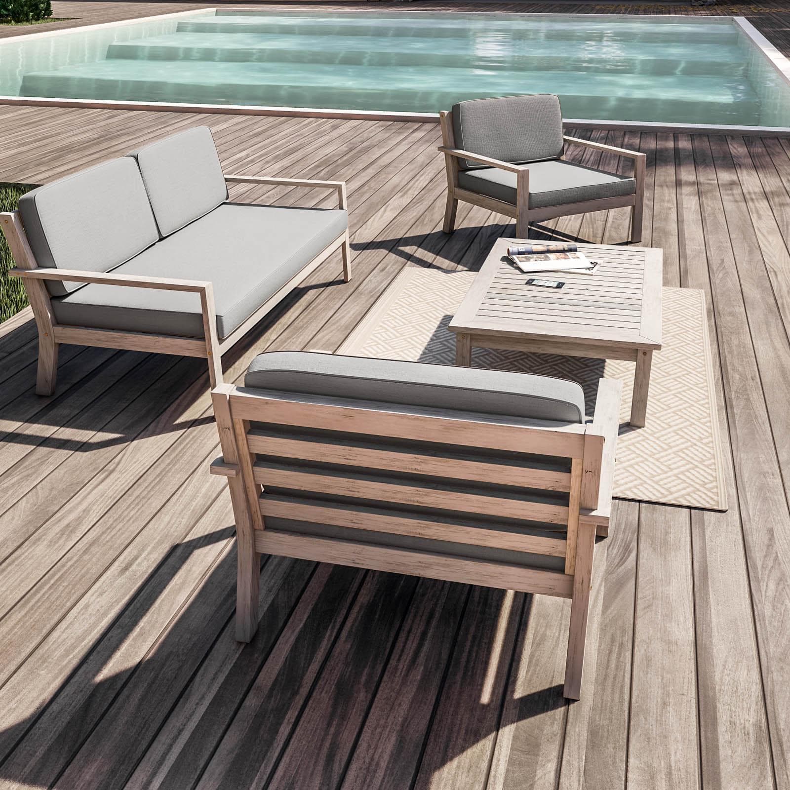 Set relax divano 2 poltrone e tavolino in legno acacia bianco con cuscini grigi - Isabel