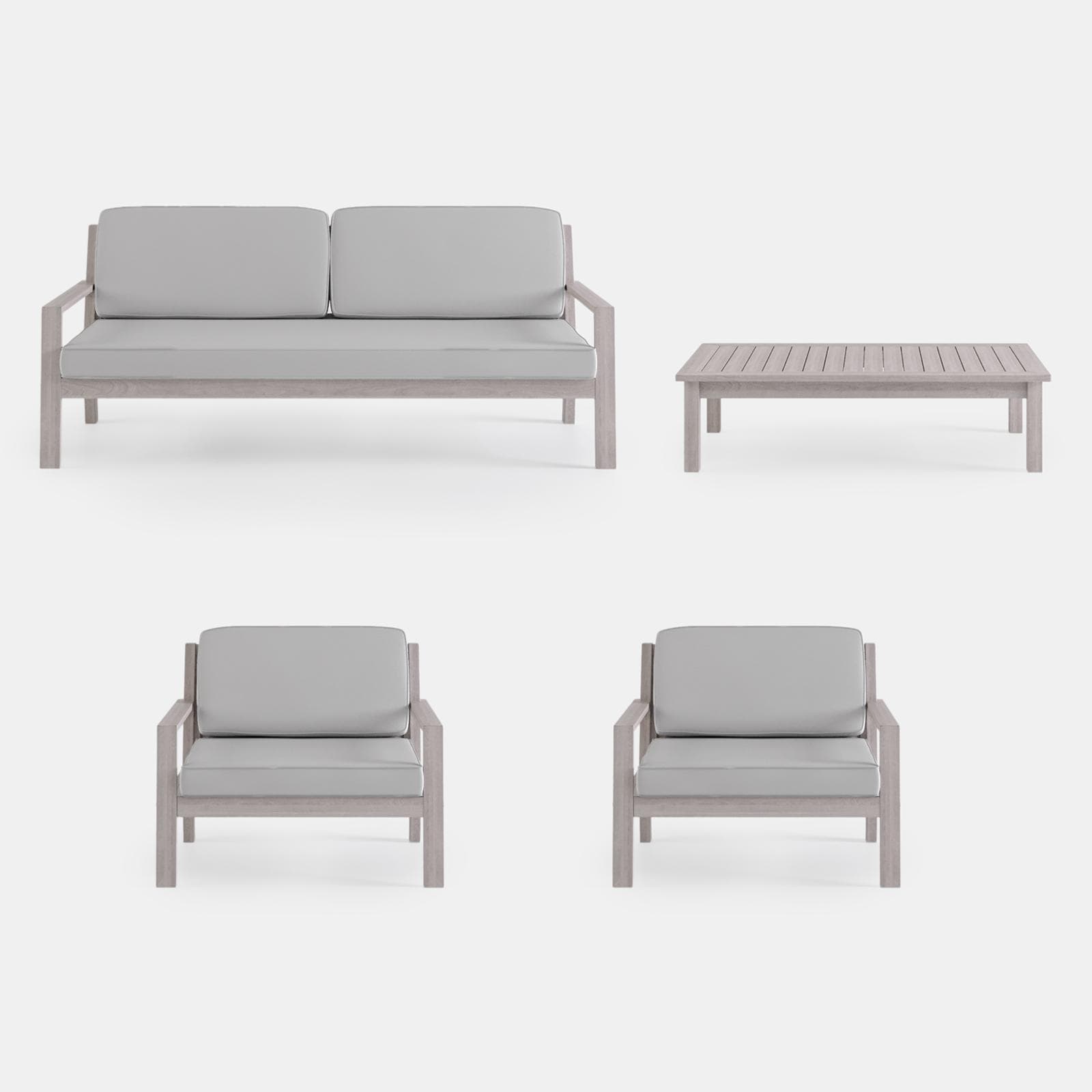 Set relax divano 2 poltrone e tavolino in legno acacia bianco con cuscini grigi - Isabel