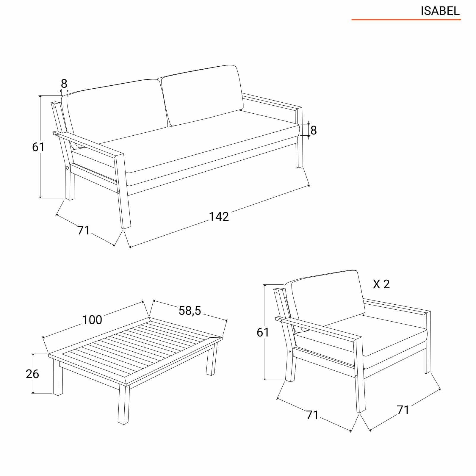 Set relax divano 2 poltrone e tavolino in legno acacia bianco con cuscini grigi - Isabel