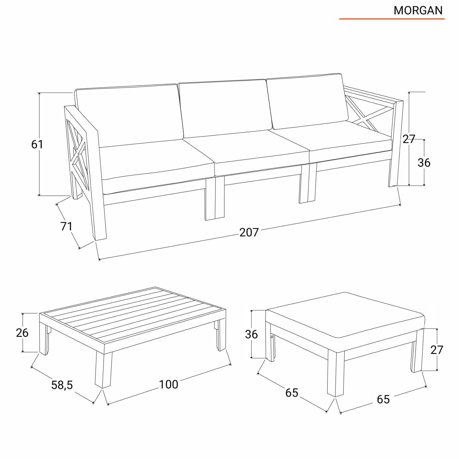 Set relax divano pouf e tavolino in legno di acacia con cuscini ecrù - Morgan