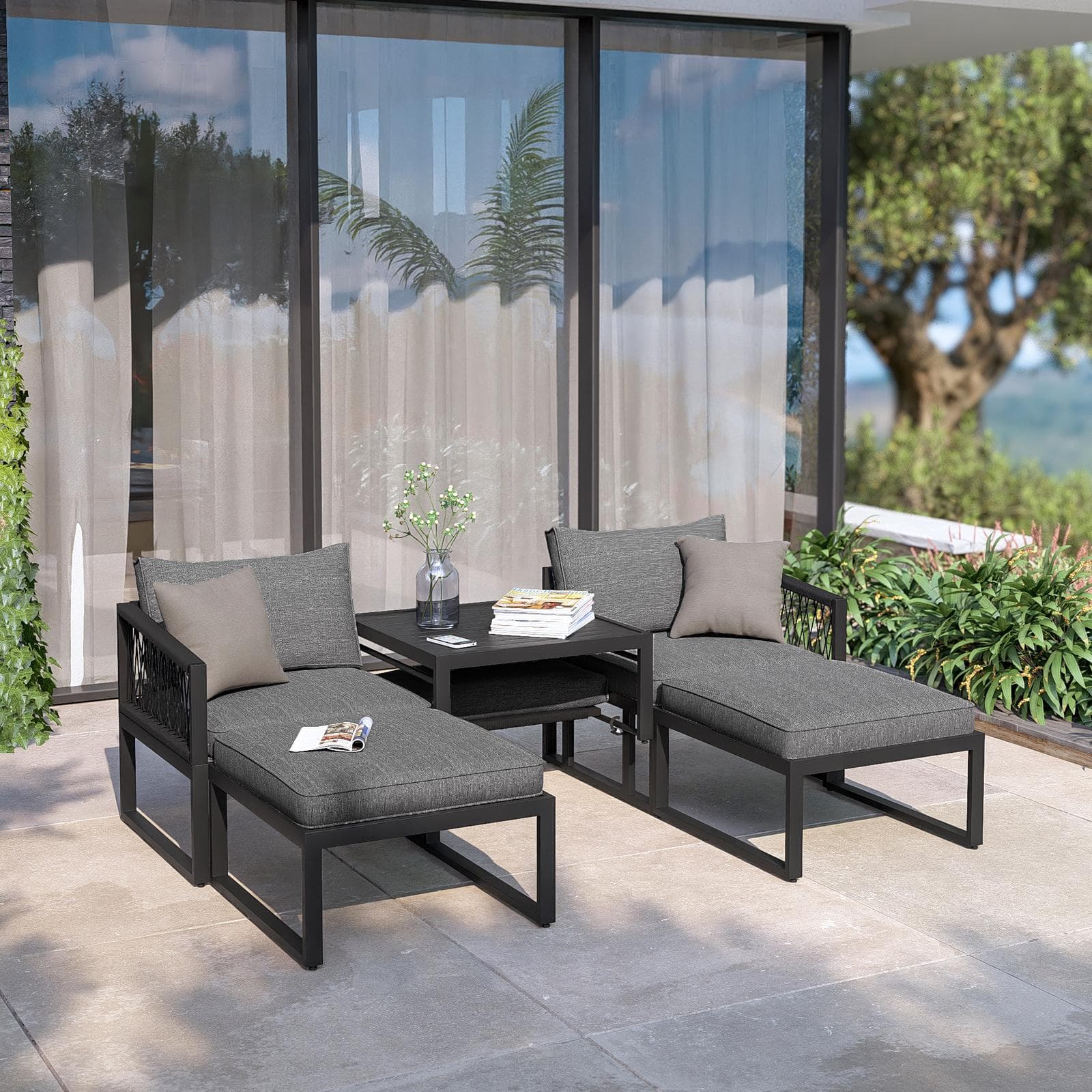 Set relax modulare in alluminio antracite con cuscini grigi e dettagli in corda - Miranda