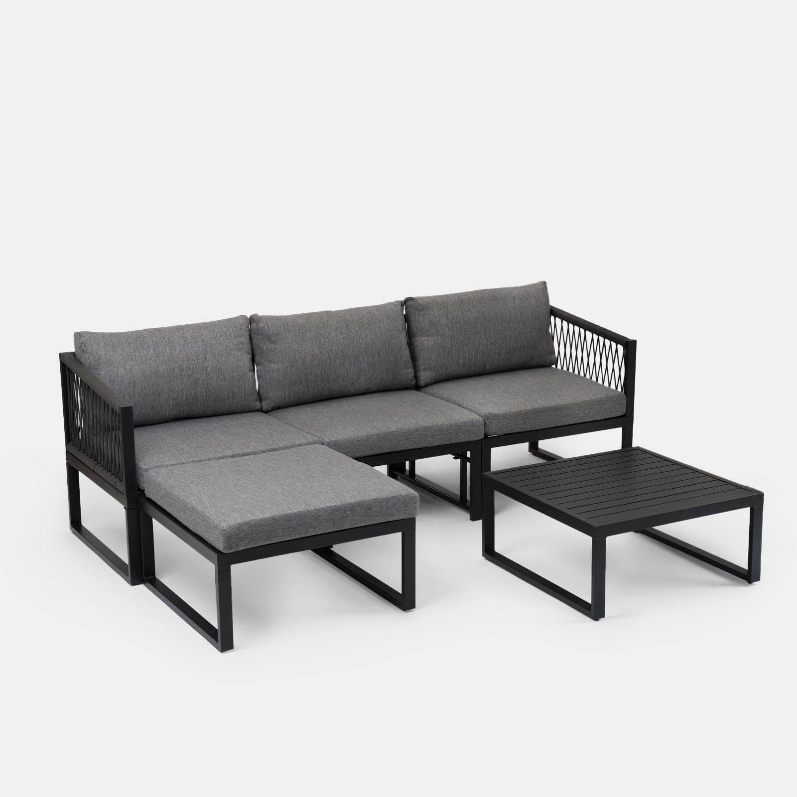 Set relax modulare in alluminio antracite con cuscini grigi e dettagli in corda - Miranda