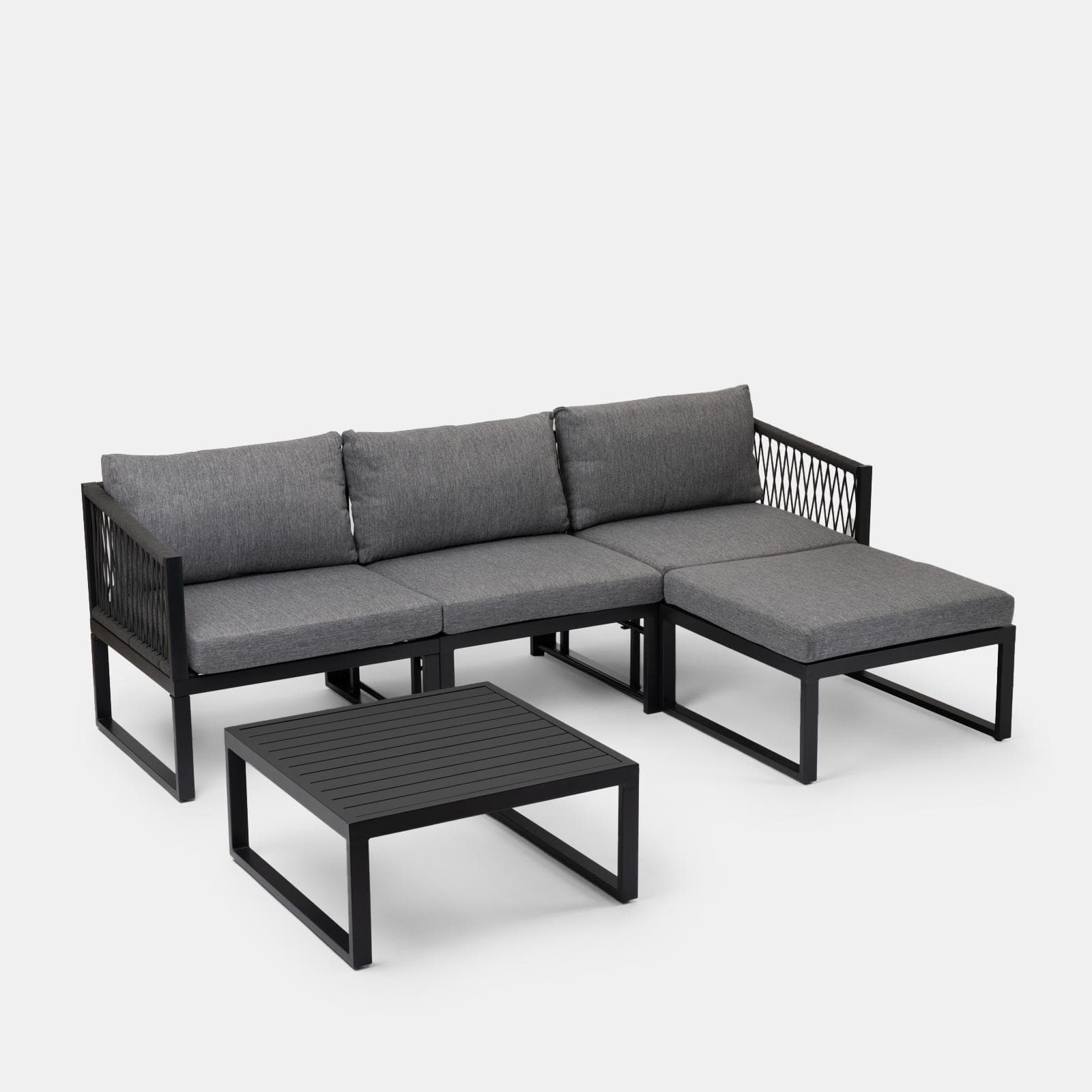 Set relax modulare in alluminio antracite con cuscini grigi e dettagli in corda - Miranda