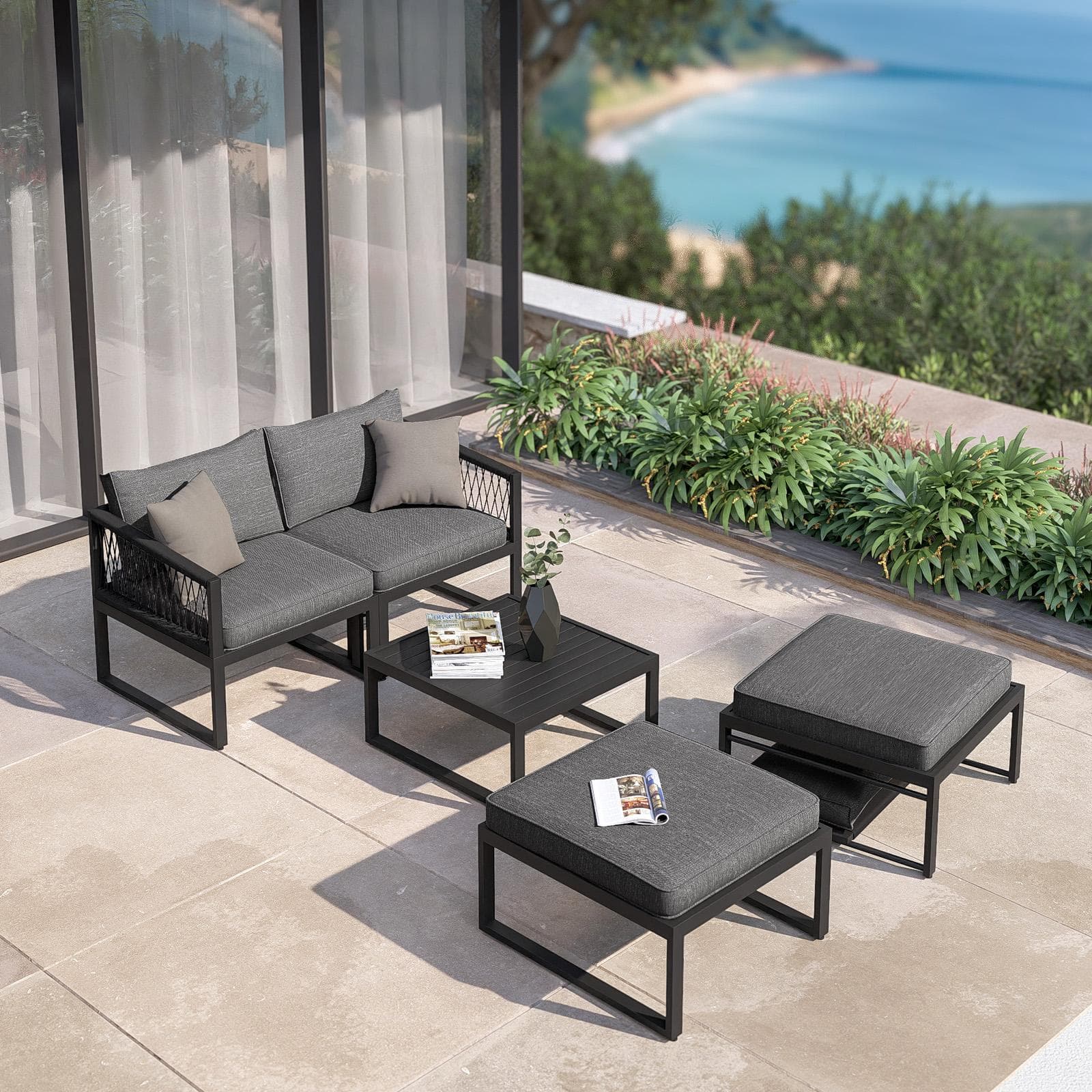 Set relax modulare in alluminio antracite con cuscini grigi e dettagli in corda - Miranda