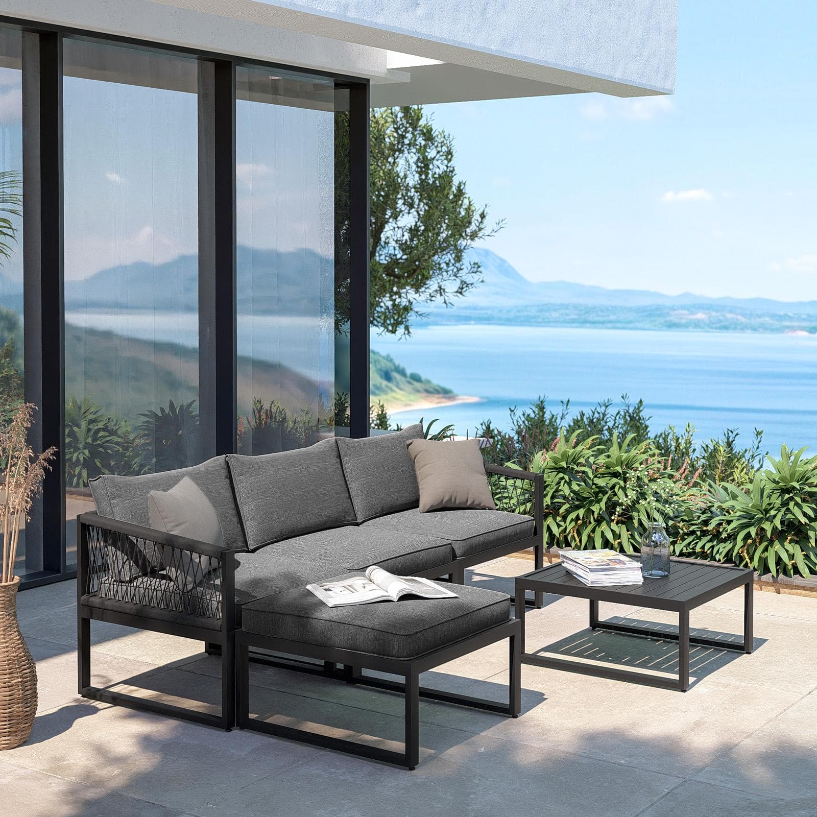 Set relax modulare in alluminio antracite con cuscini grigi e dettagli in corda - Miranda