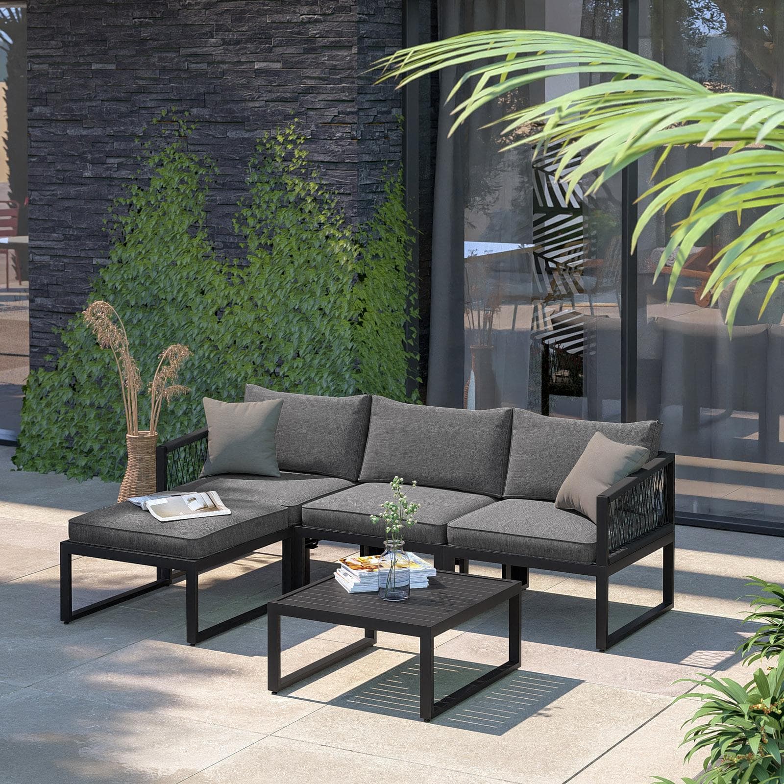Set relax modulare in alluminio antracite con cuscini grigi e dettagli in corda - Miranda