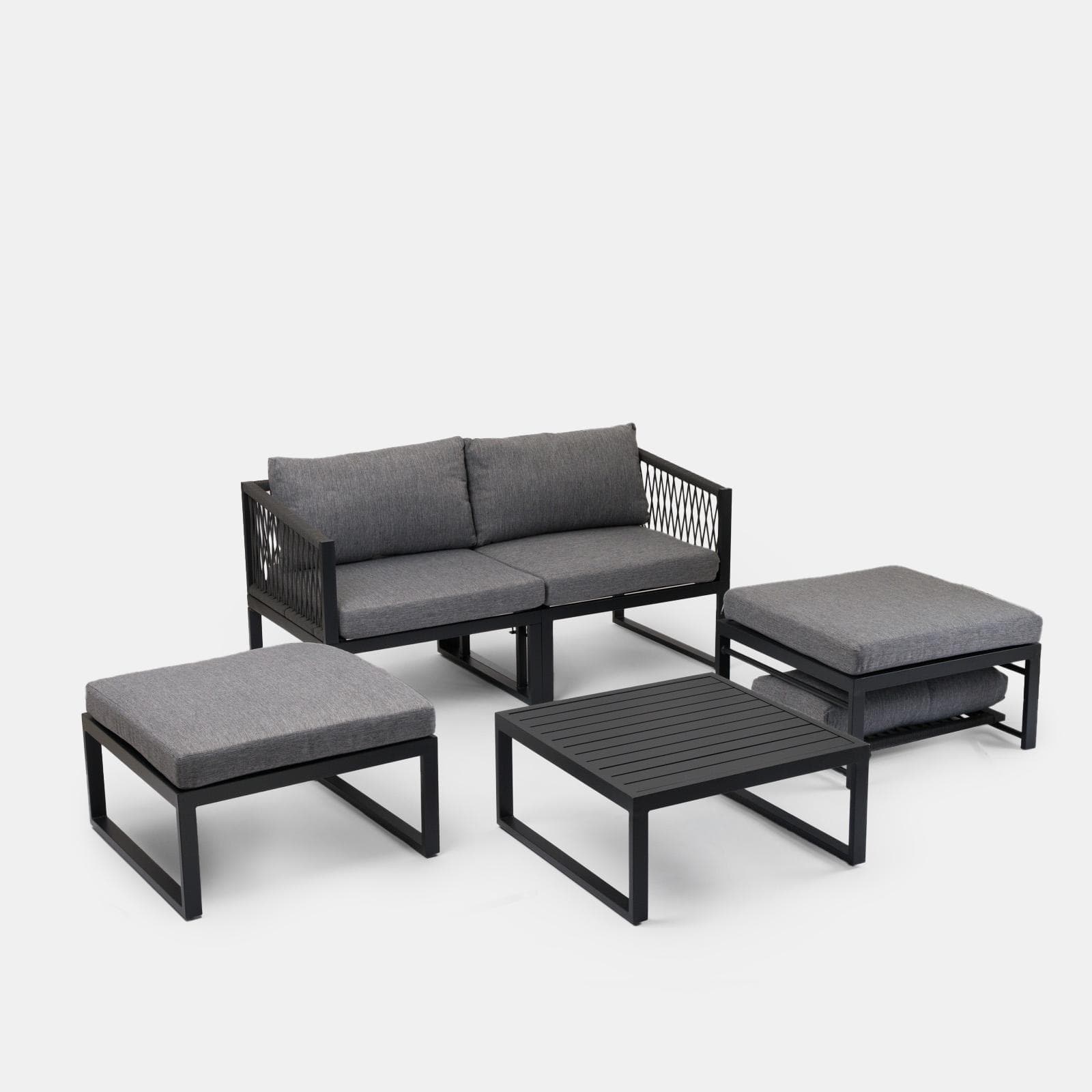 Set relax modulare in alluminio antracite con cuscini grigi e dettagli in corda - Miranda