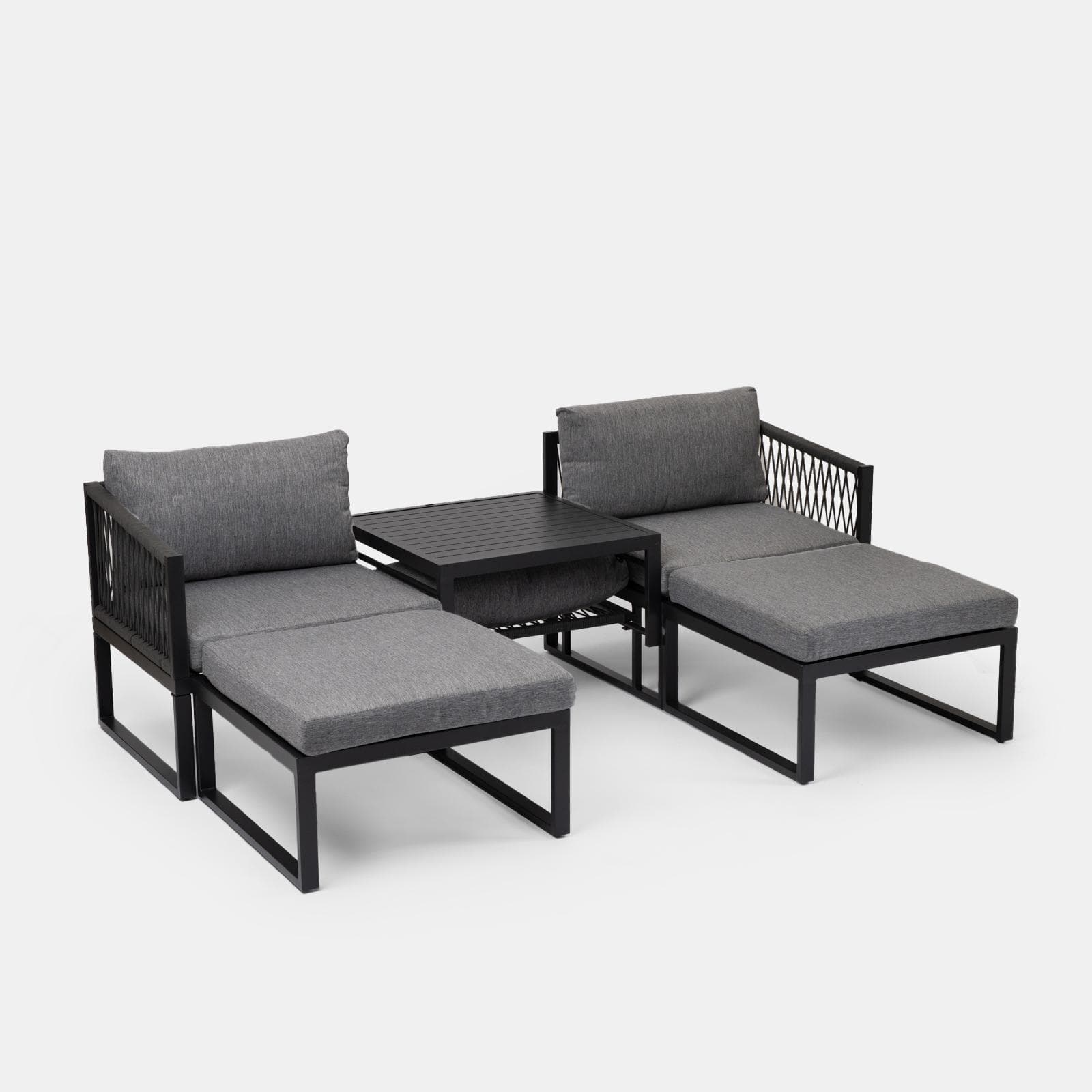 Set relax modulare in alluminio antracite con cuscini grigi e dettagli in corda - Miranda