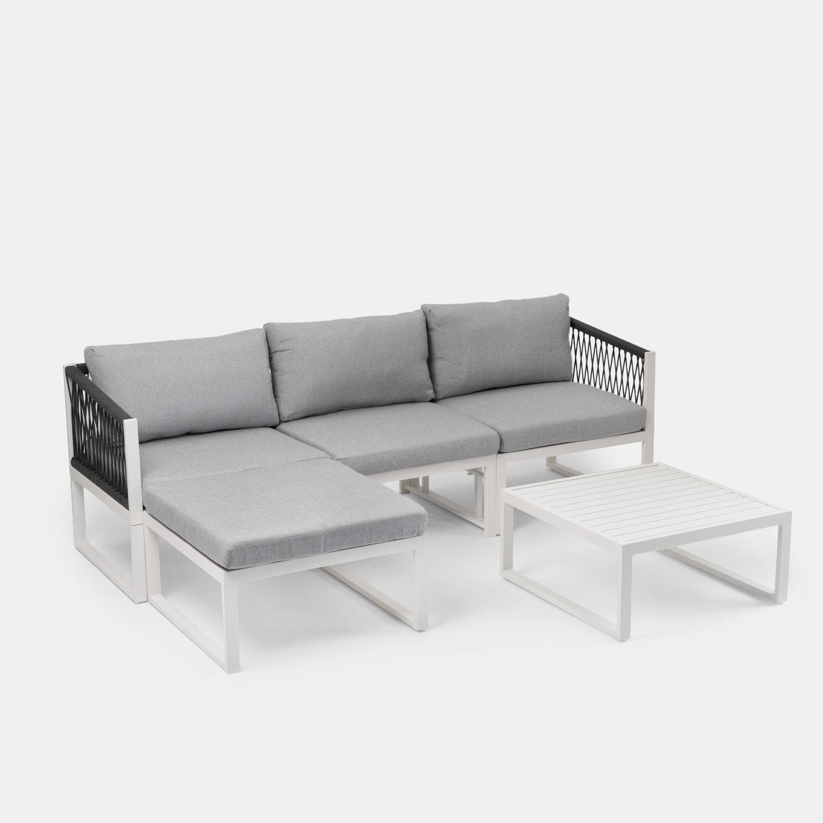 Set relax modulare in alluminio bianco con cuscini grigi e dettagli in corda - Miranda