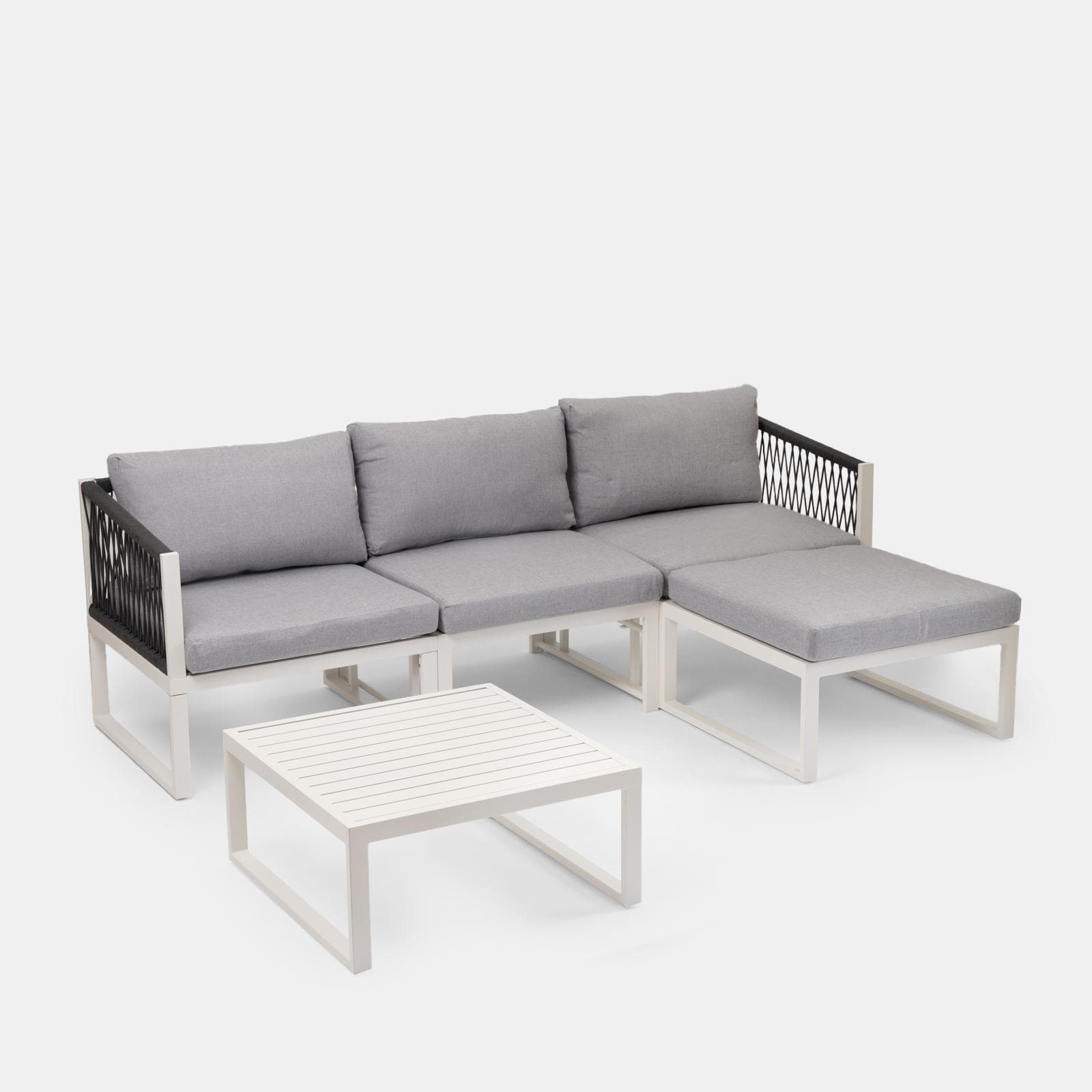 Set relax modulare in alluminio bianco con cuscini grigi e dettagli in corda - Miranda