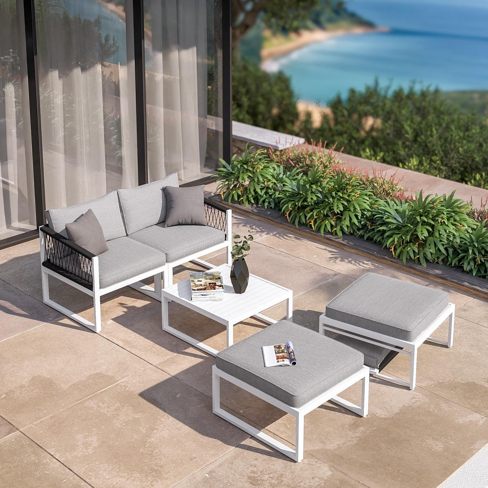 Set relax modulare in alluminio bianco con cuscini grigi e dettagli in corda - Miranda