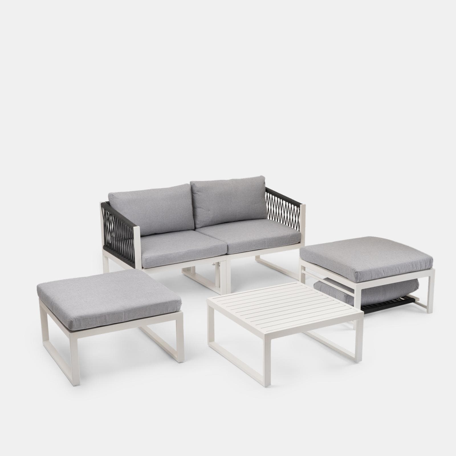 Set relax modulare in alluminio bianco con cuscini grigi e dettagli in corda - Miranda