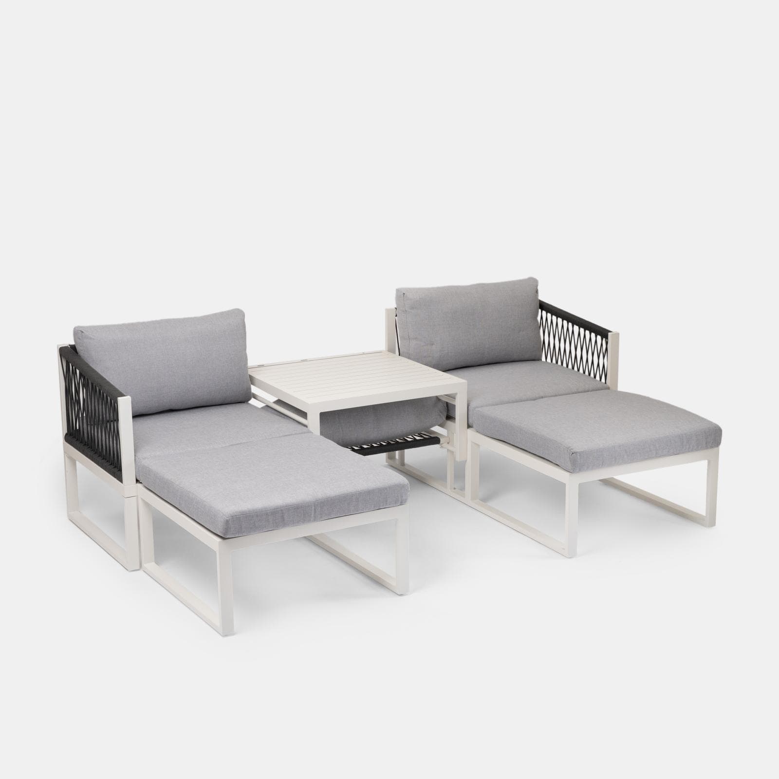 Set relax modulare in alluminio bianco con cuscini grigi e dettagli in corda - Miranda