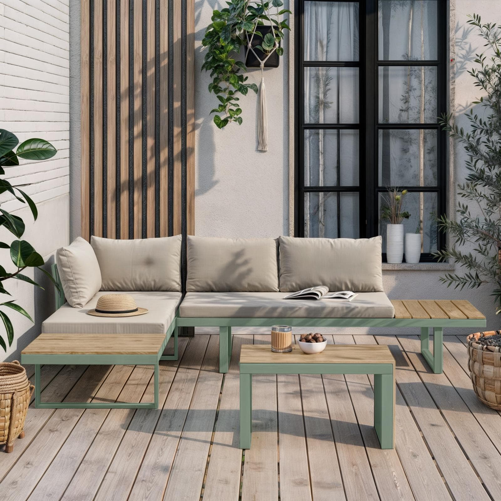 Set relax modulare in alluminio verde salvia e dettagli effetto legno con cuscini tortora - Scilla